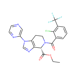 CCOC(=O)[C@@H]1c2ncn(-c3cnccn3)c2CCN1C(=O)c1cccc(C(F)(F)F)c1Cl ZINC000218358954