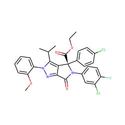 CCOC(=O)[C@]1(c2ccc(Cl)cc2)c2c(nn(-c3ccccc3OC)c2C(C)C)C(=O)N1c1ccc(F)c(Cl)c1 ZINC000224113348