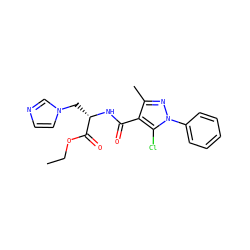 CCOC(=O)[C@H](Cn1ccnc1)NC(=O)c1c(C)nn(-c2ccccc2)c1Cl ZINC000473082812