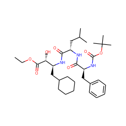CCOC(=O)[C@H](O)[C@H](CC1CCCCC1)NC(=O)[C@H](CC(C)C)NC(=O)[C@H](Cc1ccccc1)NC(=O)OC(C)(C)C ZINC000026496179