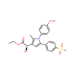 CCOC(=O)[C@H](O)c1cc(-c2ccc(S(C)(=O)=O)cc2)n(-c2ccc(OC)cc2)c1C ZINC000040953624