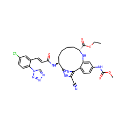 CCOC(=O)[C@H]1CCCC[C@H](NC(=O)/C=C/c2cc(Cl)ccc2-n2cnnn2)c2nc(c(C#N)[nH]2)-c2ccc(NC(=O)OC)cc2N1 ZINC000164698750