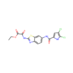 CCOC(=O)C(=O)Nc1nc2ccc(NC(=O)c3cc(Cl)c(Cl)[nH]3)cc2s1 ZINC001772631242