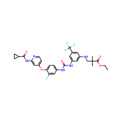 CCOC(=O)C(C)(C)CNc1cc(NC(=O)Nc2ccc(Oc3ccnc(NC(=O)C4CC4)c3)c(F)c2)cc(C(F)(F)F)c1 ZINC001772583055