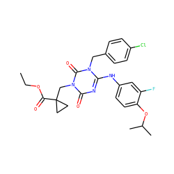 CCOC(=O)C1(Cn2c(=O)nc(Nc3ccc(OC(C)C)c(F)c3)n(Cc3ccc(Cl)cc3)c2=O)CC1 ZINC000200520866
