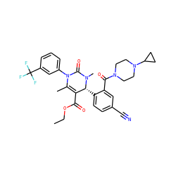 CCOC(=O)C1=C(C)N(c2cccc(C(F)(F)F)c2)C(=O)N(C)[C@@H]1c1ccc(C#N)cc1C(=O)N1CCN(C2CC2)CC1 ZINC001772569858