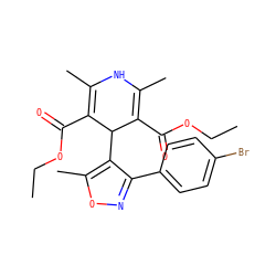 CCOC(=O)C1=C(C)NC(C)=C(C(=O)OCC)C1c1c(-c2ccc(Br)cc2)noc1C ZINC001772583765