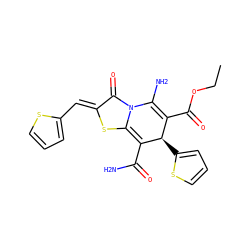 CCOC(=O)C1=C(N)n2c(sc(=Cc3cccs3)c2=O)=C(C(N)=O)[C@@H]1c1cccs1 ZINC000254081904