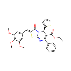 CCOC(=O)C1=C(c2ccccc2)N=c2s/c(=C\c3cc(OC)c(OC)c(OC)c3)c(=O)n2[C@H]1c1cccs1 ZINC000002948609
