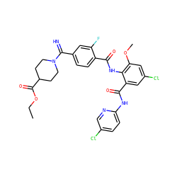 CCOC(=O)C1CCN(C(=N)c2ccc(C(=O)Nc3c(OC)cc(Cl)cc3C(=O)Nc3ccc(Cl)cn3)c(F)c2)CC1 ZINC000036126775