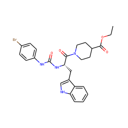 CCOC(=O)C1CCN(C(=O)[C@H](Cc2c[nH]c3ccccc23)NC(=O)Nc2ccc(Br)cc2)CC1 ZINC000102772177