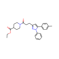 CCOC(=O)C1CCN(C(=O)CCc2cc(-c3ccc(C)cc3)n(-c3ccccc3)n2)CC1 ZINC000072121436