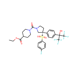 CCOC(=O)C1CCN(C(=O)N2CC[C@](c3ccc(C(O)(C(F)(F)F)C(F)(F)F)cc3)(S(=O)(=O)c3ccc(F)cc3)C2)CC1 ZINC001772652860