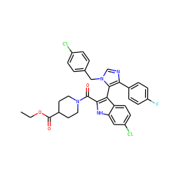 CCOC(=O)C1CCN(C(=O)c2[nH]c3cc(Cl)ccc3c2-c2c(-c3ccc(F)cc3)ncn2Cc2ccc(Cl)cc2)CC1 ZINC001772579505