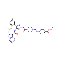 CCOC(=O)C1CCN(CCN2CCN(C(=O)Cn3cc(NC(=O)c4cnn5cccnc45)c(-c4cc(Cl)ccc4OC(F)F)n3)CC2)CC1 ZINC001772653039
