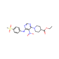 CCOC(=O)C1CCN(c2ncnc(Nc3ccc(S(C)(=O)=O)cc3)c2[N+](=O)[O-])CC1 ZINC000040846104