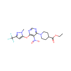 CCOC(=O)C1CCN(c2ncnc(Oc3cc(C(F)(F)F)nn3C)c2[N+](=O)[O-])CC1 ZINC000040873423