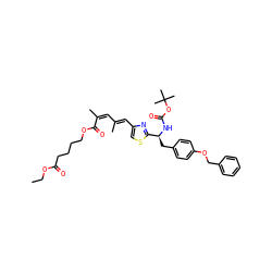 CCOC(=O)CCCCOC(=O)/C(C)=C\C(C)=C\c1csc([C@H](Cc2ccc(OCc3ccccc3)cc2)NC(=O)OC(C)(C)C)n1 ZINC000169321998