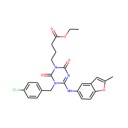 CCOC(=O)CCCn1c(=O)nc(Nc2ccc3oc(C)cc3c2)n(Cc2ccc(Cl)cc2)c1=O ZINC000200527607