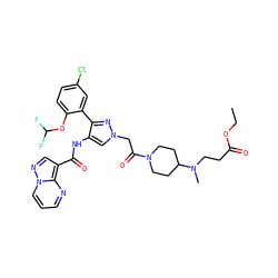 CCOC(=O)CCN(C)C1CCN(C(=O)Cn2cc(NC(=O)c3cnn4cccnc34)c(-c3cc(Cl)ccc3OC(F)F)n2)CC1 ZINC001772581709