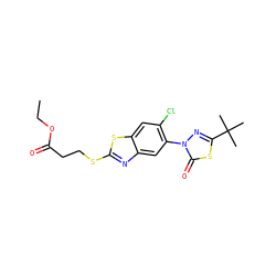 CCOC(=O)CCSc1nc2cc(-n3nc(C(C)(C)C)sc3=O)c(Cl)cc2s1 ZINC000082156344
