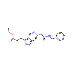 CCOC(=O)CCc1[nH]nc2cc(NC(=O)NCc3ccccc3)ncc12 ZINC000218530292