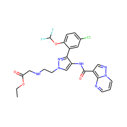 CCOC(=O)CNCCn1cc(NC(=O)c2cnn3cccnc23)c(-c2cc(Cl)ccc2OC(F)F)n1 ZINC001772624825