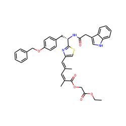 CCOC(=O)COC(=O)/C(C)=C\C(C)=C\c1csc([C@H](Cc2ccc(OCc3ccccc3)cc2)NC(=O)Cc2c[nH]c3ccccc23)n1 ZINC000169322013
