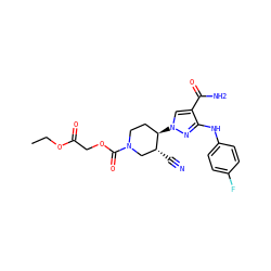 CCOC(=O)COC(=O)N1CC[C@@H](n2cc(C(N)=O)c(Nc3ccc(F)cc3)n2)[C@H](C#N)C1 ZINC000221255718