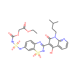 CCOC(=O)COC(=O)NS(=O)(=O)Nc1ccc2c(c1)S(=O)(=O)NC(c1c(O)c3cccnc3n(CCC(C)C)c1=O)=N2 ZINC000150553412