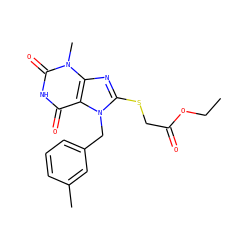 CCOC(=O)CSc1nc2c(c(=O)[nH]c(=O)n2C)n1Cc1cccc(C)c1 ZINC000000839515