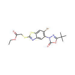 CCOC(=O)CSc1nc2cc(-n3nc(C(C)(C)C)oc3=O)c(Br)cc2s1 ZINC000073199000