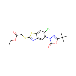 CCOC(=O)CSc1nc2cc(-n3nc(C(C)(C)C)oc3=O)c(Cl)cc2s1 ZINC000073388462