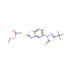 CCOC(=O)CSc1nc2cc(-n3nc(C(C)(C)C)sc3=O)c(Cl)cc2s1 ZINC000073200156