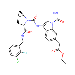 CCOC(=O)Cc1ccc2c(NC(=O)N3[C@H](C(=O)NCc4cccc(Cl)c4F)C[C@H]4C[C@H]43)cn(C(N)=O)c2c1 ZINC000147850142