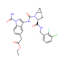 CCOC(=O)Cc1ccc2c(c1)c(NC(=O)N1[C@H](C(=O)NCc3cccc(Cl)c3F)C[C@H]3C[C@H]31)cn2C(N)=O ZINC000148160179