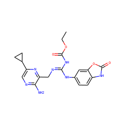 CCOC(=O)N/C(=N/Cc1nc(C2CC2)cnc1N)Nc1ccc2[nH]c(=O)oc2c1 ZINC000473155008
