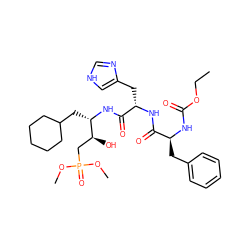 CCOC(=O)N[C@@H](Cc1ccccc1)C(=O)N[C@@H](Cc1c[nH]cn1)C(=O)N[C@@H](CC1CCCCC1)[C@@H](O)CP(=O)(OC)OC ZINC000027623295