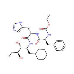 CCOC(=O)N[C@@H](Cc1ccccc1)C(=O)N[C@@H](Cc1cnc[nH]1)C(=O)N[C@@H](CC1CCCCC1)[C@@H](O)[C@@H](O)CC ZINC000169713119
