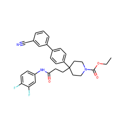 CCOC(=O)N1CCC(CCC(=O)Nc2ccc(F)c(F)c2)(c2ccc(-c3cccc(C#N)c3)cc2)CC1 ZINC000038157886