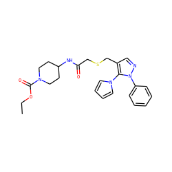 CCOC(=O)N1CCC(NC(=O)CSCc2cnn(-c3ccccc3)c2-n2cccc2)CC1 ZINC000004434828