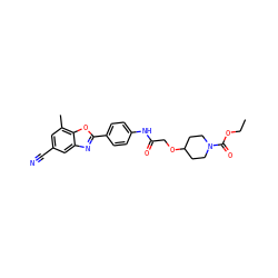 CCOC(=O)N1CCC(OCC(=O)Nc2ccc(-c3nc4cc(C#N)cc(C)c4o3)cc2)CC1 ZINC000066262744