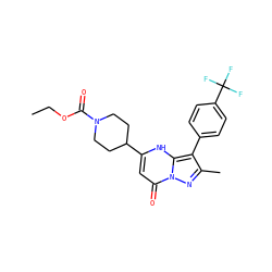 CCOC(=O)N1CCC(c2cc(=O)n3nc(C)c(-c4ccc(C(F)(F)F)cc4)c3[nH]2)CC1 ZINC001772585964