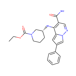 CCOC(=O)N1CCC[C@@H](Nc2c(C(N)=O)cnn3cc(-c4ccccc4)cc23)C1 ZINC000261119761