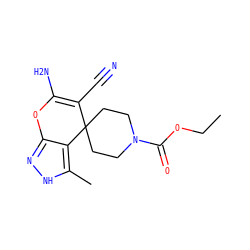 CCOC(=O)N1CCC2(CC1)C(C#N)=C(N)Oc1n[nH]c(C)c12 ZINC000006646144