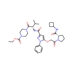 CCOC(=O)N1CCN(C(=O)[C@@H](NC(=O)c2cc(OCC(=O)N3CCC[C@H]3C(=O)NC3CCC3)n(-c3ccccc3)n2)C(C)C)CC1 ZINC000095555269
