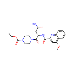 CCOC(=O)N1CCN(C(=O)[C@H](CC(N)=O)NC(=O)c2cc(OC)c3ccccc3n2)CC1 ZINC000143119181
