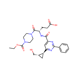 CCOC(=O)N1CCN(C(=O)[C@H](CCC(=O)O)NC(=O)c2cc([C@H]3C[C@@H]3CO)nc(-c3ccccc3)n2)CC1 ZINC000168161513