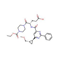 CCOC(=O)N1CCN(C(=O)[C@H](CCC(=O)O)NC(=O)c2cc([C@H]3C[C@@H]3COC)nc(-c3ccccc3)n2)CC1 ZINC000299830700