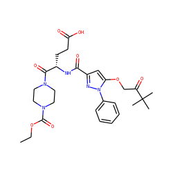 CCOC(=O)N1CCN(C(=O)[C@H](CCC(=O)O)NC(=O)c2cc(OCC(=O)C(C)(C)C)n(-c3ccccc3)n2)CC1 ZINC000095557415